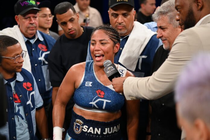 Kiria Tapia speaks after her victory over Alba Sanchez