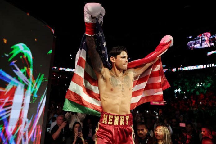 Ryan Garcia makes his ring walk during his bout against Conor Benn at T-Mobile Arena