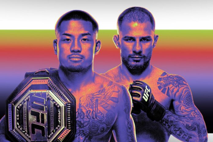 The faces of Joshua Van and Alexandre Pantoja promoting their MMA bout at UFC 331
