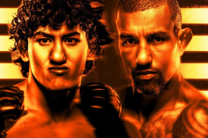 The faces of Raul Rosas Jr. and Raoni Barcelos promoting their MMA bout at UFC Vegas 121