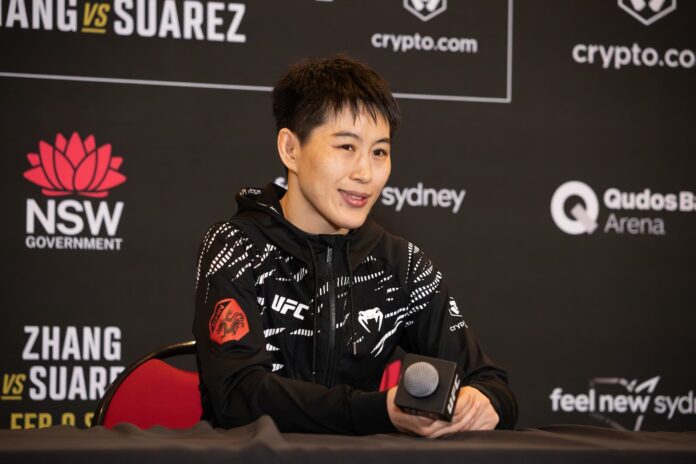 Wang Cong during the UFC 312 post-fight press conference