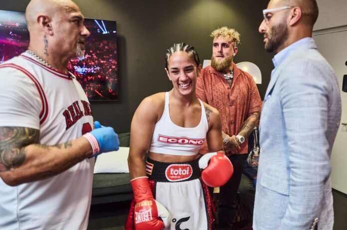 Amanda Serrano with her team backstage ahead of her trilogy fight against Katie Taylor