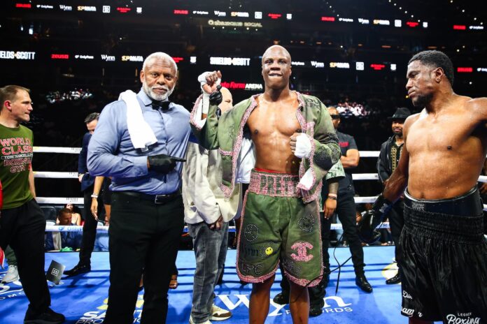 Atif Oberlton has his hand raised by referee Malik Waleed in victory over Roamer Alexis Angulo