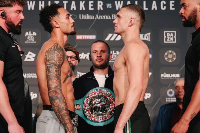 Ben Whittaker and Conor Wallace face off during the weigh-in ahead of their boxing bout