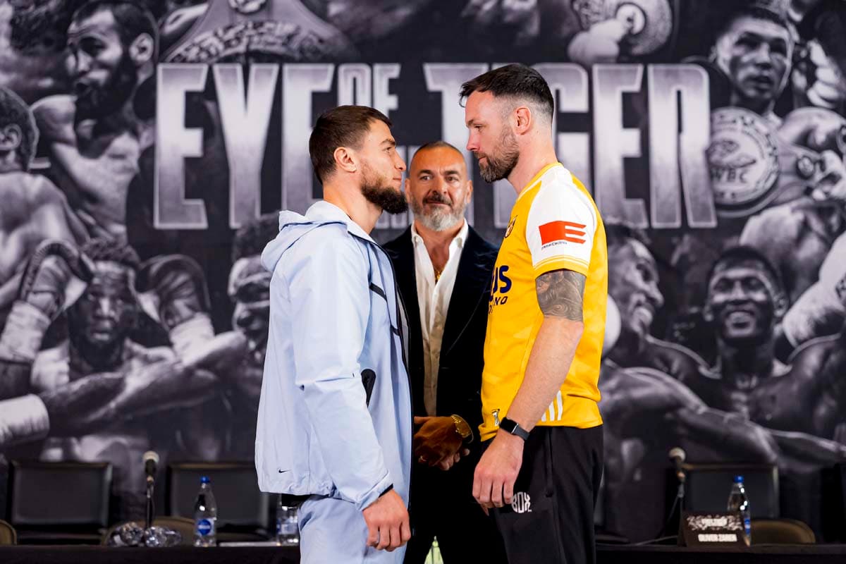Imam Khataev and Padraig McCrory face off during the press conference