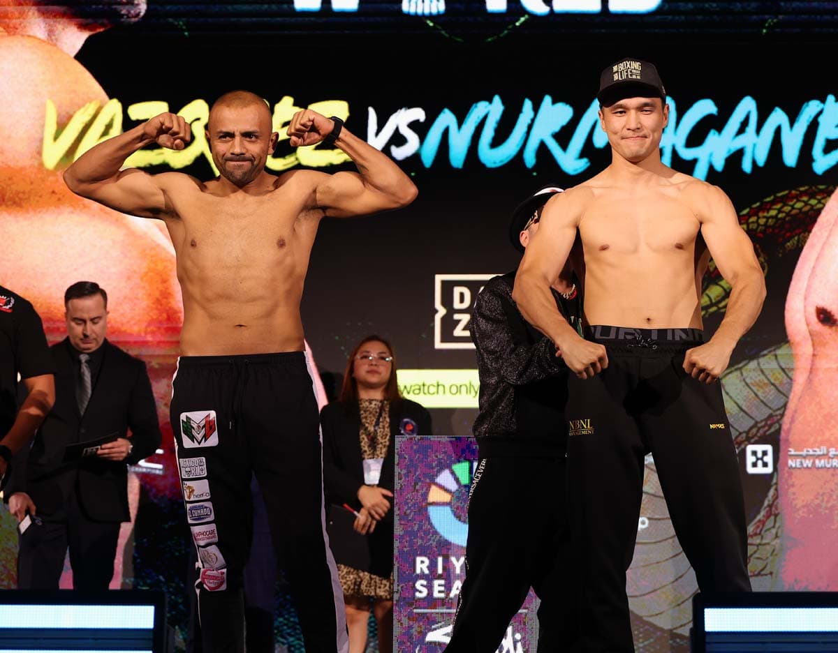 Marcos Vazquez Rodriguez and Bek Nurmaganbet during the weigh-in