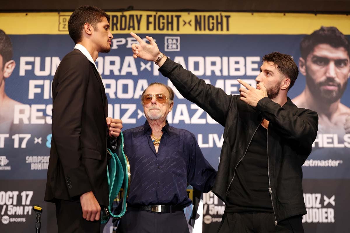 Sebastian Fundora and Ermal Hadribeaj face off during the press conference
