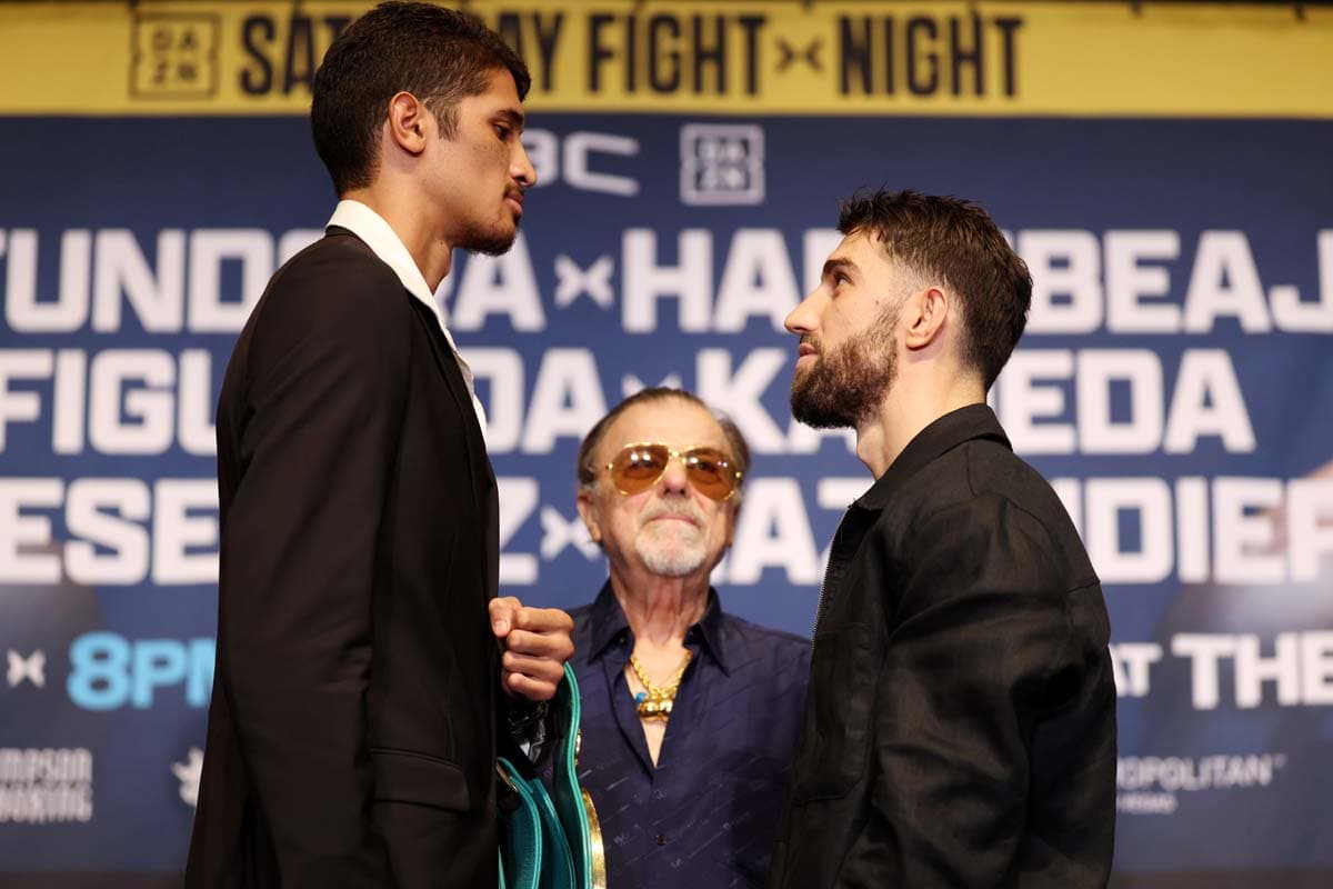 Sebastian Fundora and Ermal Hadribeaj face off during the press conference