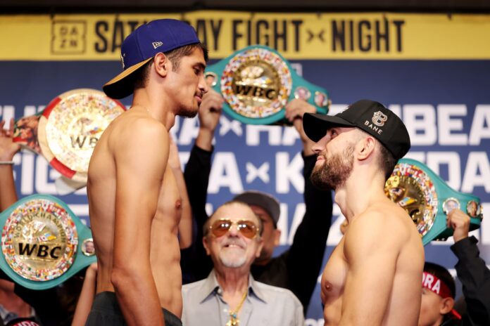 Sebastian Fundora and Ermal Hadribeaj face off during the weigh-in