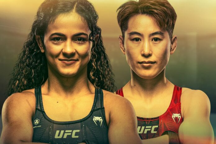 The faces of Natalia Silva and Wang Cong promoting their MMA bout at UFC 332