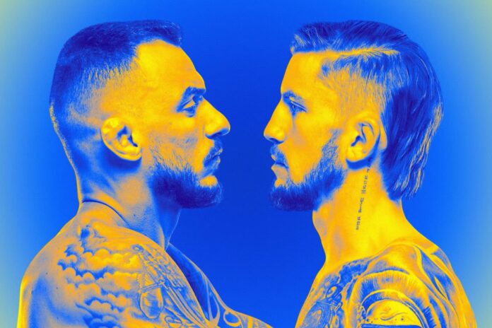 The faces of Renato Moicano and Tom Nolan promoting their MMA bout at UFC Vegas 123